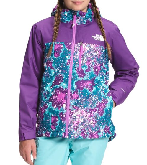 THE NORTH FACE Snowquest Plus water-repellent winter jacket for girls with removable hood Snow jacket in speckled all-over print NF0A5G972G1 Purple/Turquoise/White