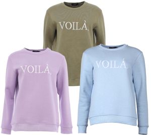 ZWILLINGSHERZ Sweater Voila Damen Rundhals-Pullover mit VOILÀ Schriftzug Baumwoll-Sweater 3110-1204 Hellblau, Flieder oder Khaki