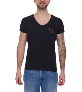 JAGUAR Herren Kurzarm-Shirt Baumwoll-Shirt mit Rückenprint und V-Ausschnitt Jaguar T-Shirt M2 Schwarz