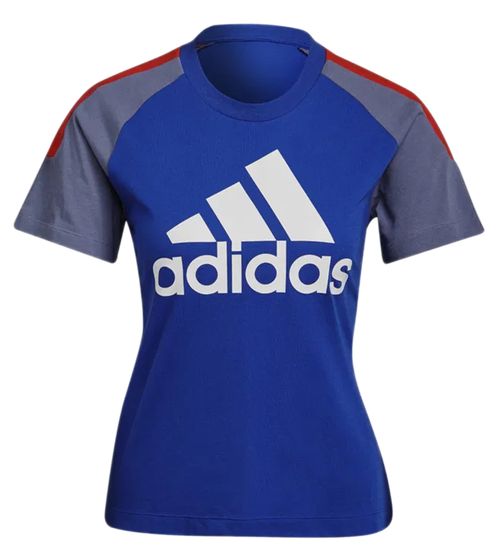 adidas Damen nachhaltiges Sport-Shirt T-Shirt mit Marken Aufdruck Rundhals-Shirt Fitness-Shirt H24162 Blau/Rot/Weiß