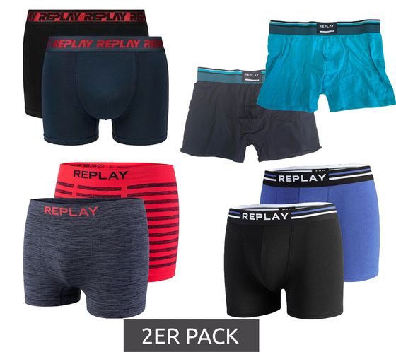 2er Pack REPLAY Herren Retro Boxershorts Baumwoll-Unterwäsche Blau, Schwarz, Dunkelblau oder Rot