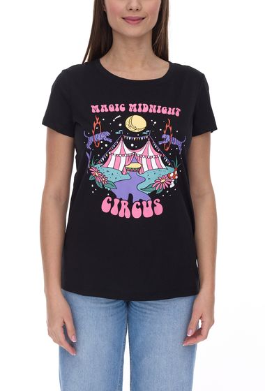 AjC T-shirt femme chemise de loisirs avec imprimé sur le devant Chemise en coton Magic Midnight Circus 72729855 noir/violet/rose