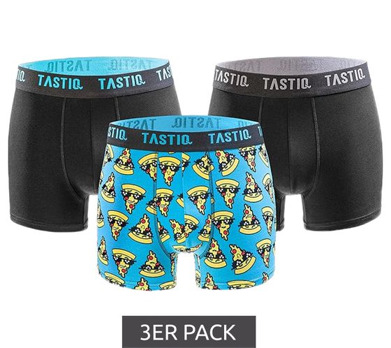 Pack of 3 TASTIQ men's boxer shorts with pizza print cotton underpants in a stylish pizza gift box underwear Tas/1/BCX3/PIZ black/blue/yellow