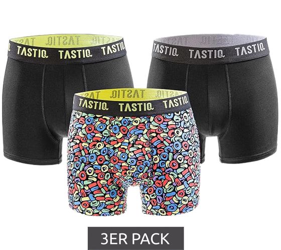 3er Pack TASTIQ Herren Boxershorts mit Müsli-Print Baumwoll-Unterhose im stylischer Cerealien-Geschenkbox Unterwäsche Tas/1/BCX3/CER Schwarz/Bunt