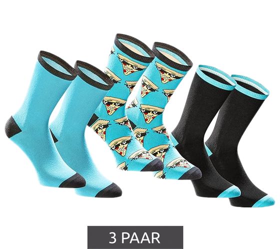 3 pairs of TASTIQ cotton socks with pizza print, long socks in a stylish pizza gift box, fresh Socks Tas/1/CSX3/PIZ blue/black/yellow