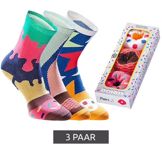 3 Paar TASTIQ Baumwoll-Socken mit Donut-Print lange Strümpfe in stylischer Geschenkbox TAS/1/CSX3/DON Bunt