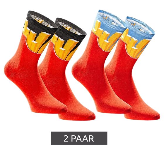 2 Paar TASTIQ Baumwoll-Socken mit Pommes-Print lange Strümpfe in stylischer Pommestüten-Geschenkbox TAS/1/CSX2/FRI Rot/Gelb/Schwarz/Hellblau