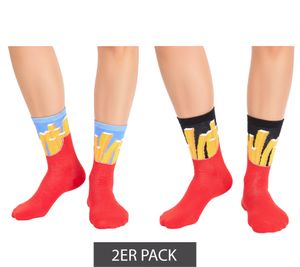 2 pares de calcetines de algodón TASTIQ con estampado de patatas fritas medias largas en elegante caja de regalo con bolsa para patatas fritas TAS/1/CSX2/FRI Rojo/Amarillo/Negro/Azul claro