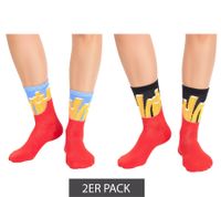 2 Paar TASTIQ Baumwoll-Socken mit Pommes-Print lange Strümpfe in stylischer Pommestüten-Geschenkbox TAS/1/CSX2/FRI Rot/Gelb/Schwarz/Hellblau