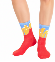 2 Paar TASTIQ Baumwoll-Socken mit Pommes-Print lange Strümpfe in stylischer Pommestüten-Geschenkbox TAS/1/CSX2/FRI Rot/Gelb/Schwarz/Hellblau