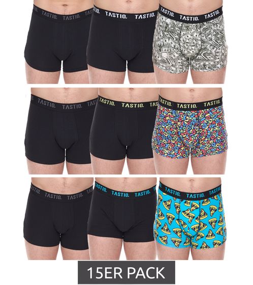 15er Sparpack TASTIQ Herren Boxershorts mit Pizza- / US-Dollar- oder Müsli-Print Baumwoll-Unterhose in Geschenkbox Unterwäsche Tas/1/BCX3 Schwarz/Blau/Grün/Gelb