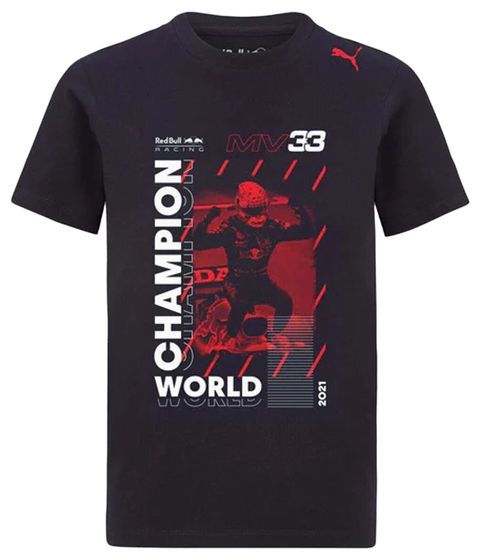 PUMA x Red Bull Racing F1 Max Verstappen World Champion T-shirt pour homme avec imprimé graphique devant et dos Chemise de sport 763381 01 Marine