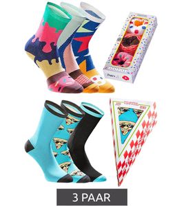 3 Paar TASTIQ Baumwoll-Socken mit Print lange Strümpfe in stylischer Geschenkbox Tas/1/CSX3 mit Pizza oder Donut Print