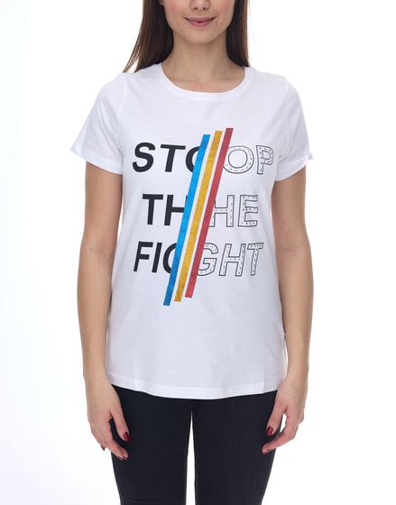 Aniston CASUAL Kurzarm-Shirt Damen Baumwoll-T-Shirt mit STOP THE FIGHT Schriftzug 2281 4642 Weiß