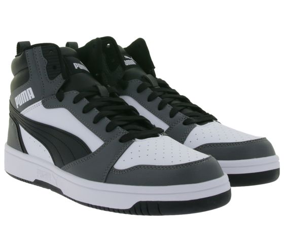 PUMA Rebound V6 High-Top Sneaker nachhaltige Damen und Herren Turnschuhe mit Softfoam+ 392326 03 Grau/Weiß