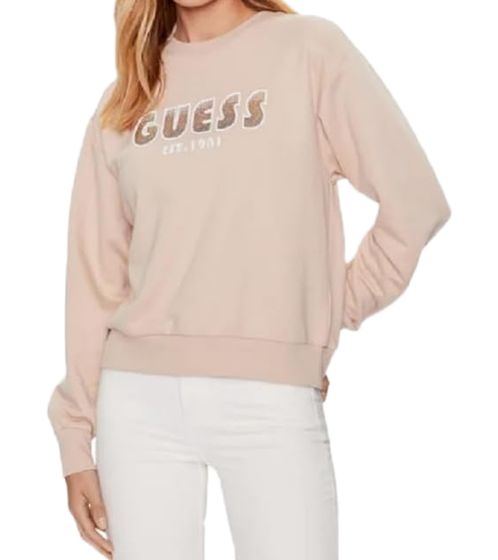 GUESS women's sweatshirt with cotton content, round neck sweater with rhinestones, sweat sweater W3YQ13K8802 G1G2 beige