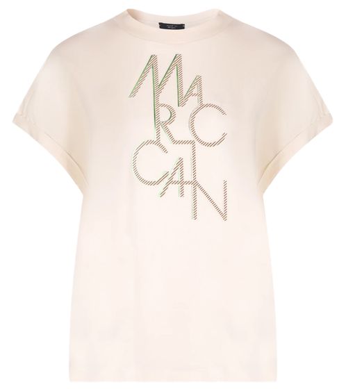 MARC CAIN women's cotton shirt with brand lettering, round neck shirt, T-shirt, short sleeve shirt UC48.07J62 131 beige