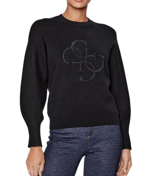 GUESS Leonor Damen Strick-Pullover Rundhals-Pulli mit Strasssteinen Winter-Pullover W3BR27Z26I0 JBLK Schwarz