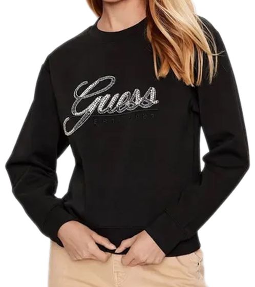 Pull d'hiver pour femme GUESS avec strass, chemise à col rond avec teneur en coton, chemise à manches longues W3YQ03KB932 JBLK noir