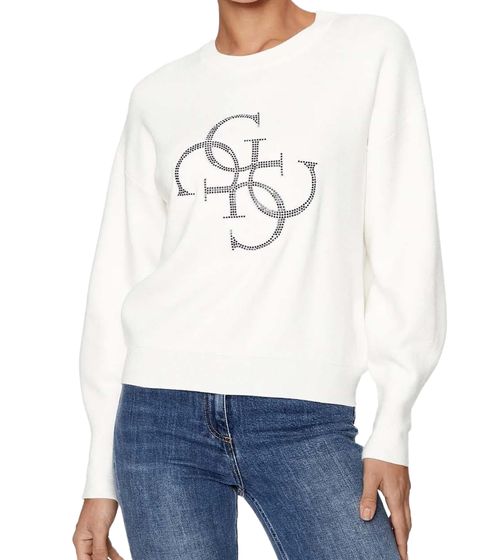 GUESS Leonor Damen Strick-Sweatshirt mit großer Strassstein-Logo-Stickerei Rundhals-Pullover W3BR27Z26I0 G012 Creme-Weiß