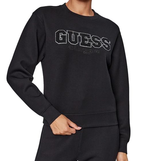 GUESS CN Embellished Logo Damen Sweatshirt mit großem Schriftzug Alltags-Pullover Sweater W3BQ17KBYE2 JBLK Schwarz