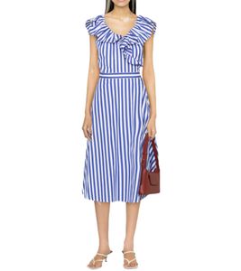 POLO RALPH LAUREN robe portefeuille femme, robe d'été rayée avec détails volants, robe en coton 211910807001 bleu/blanc