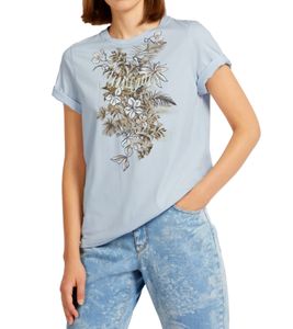 MARC CAIN t-shirt femme chemise en coton avec imprimé fleurs et feuilles chemise à manches courtes UC48.11J58 305 bleu/vert/beige