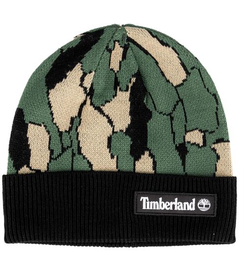 Timberland Bark Strick-Mütze im Camouflage-Look bequemer Winter-Beanie mit Logo-Patch auf der Front TB0A2P3W 392 Schwarz/Grün