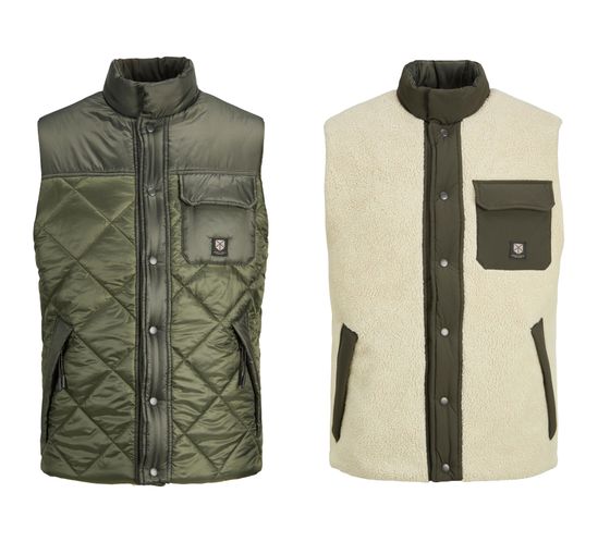 JACK & JONES Sarge men's quilted vest reversible teddy vest with breast pocket 12216987 khaki/beige