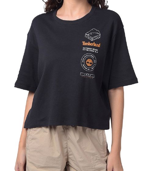 Timberland Graphic Damen T-Shirt mit Logo-Print auf der Front Sommer-Shirt mit Rundhalsausschnitt TB0A6AH1 001 Schwarz