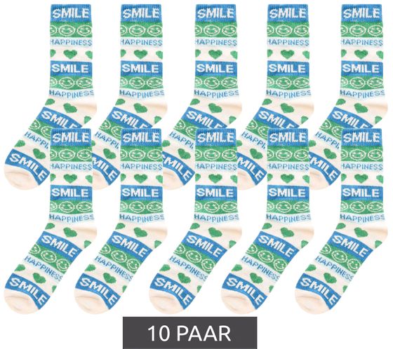 10 Paar ZWILLINGSHERZ Onesize Kuschel-Socken mit Smileys und Schriftzug Freizeit-Strümpfe 4603S-7 Blau/Grün/Weiß