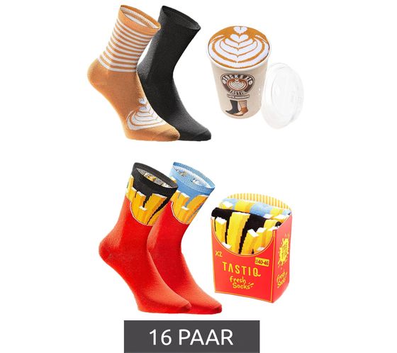 16 paires de chaussettes en coton TASTIQ avec imprimé, bas longs dans un coffret cadeau TAS/1/CSX2 avec imprimé frites ou avec imprimé latte macchiato