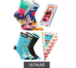 18 Paar TASTIQ Baumwoll-Socken mit Print lange Strümpfe in stylischer Geschenkbox Tas/1/CSX3 mit Pizza oder Donut Print