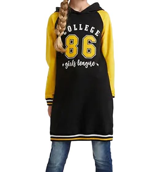 trendiges Kinder Sweatshirt-Kleid mit "College 86"-Schriftzug mittig auf der Brust Kapuzen-Shirt für Mädchen 967736 Schwarz/Gelb