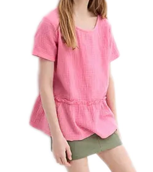 Kinder Musselin-Bluse für Mädchen Baumwoll-Shirt mit Volant Kurzarm-Shirt mit Knopfverschluss 921337 Rosa