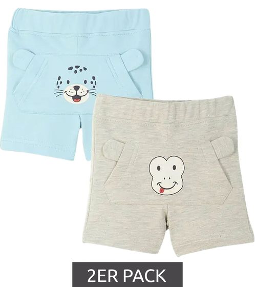 2er Pack Kinder Baumwoll-Shorts kurze Hose mit Animals-Front Print Sommer-Hose für Jungen 958690 Blau/Grau