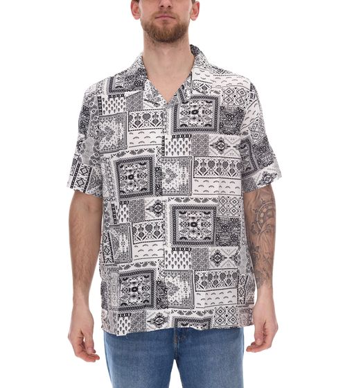 Herren Viskose-Hemd Kurzarm-Hemd Sommer-Hemd Urlaubs-Shirt 935007 Weiß/Schwarz