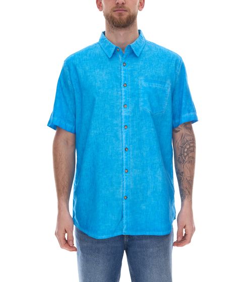 Men's short-sleeved shirt with linen content Summer shirt in vintage look Holiday shirt 913028 Blue