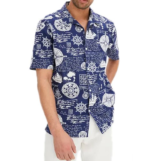 Herren Baumwoll-Hemd mit maritimen Allover-Print Kurzarm-Hemd Sommer-Hemd Urlaubs-Shirt 931627 Dunkelblau/Weiß