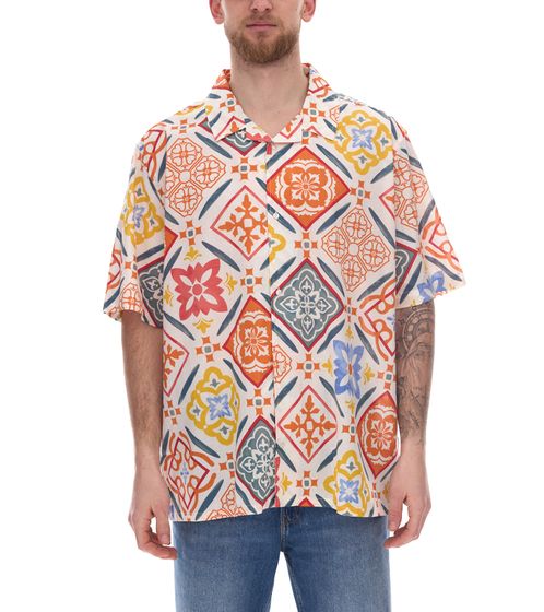 Herren Baumwoll-Hemd mit sommerlichem Allover-Print Kurzarm-Hemd Sommer-Hemd Urlaubs-Shirt 949091 Weiß/Rot/Orange/Gelb