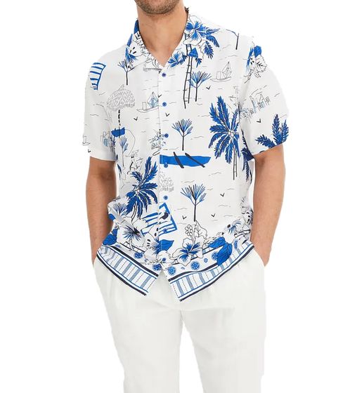 Herren Viskose-Hemd Kurzarm-Hemd mit Blumen-Print Sommer-Hemd Urlaubs-Shirt 927967 Weiß/Blau