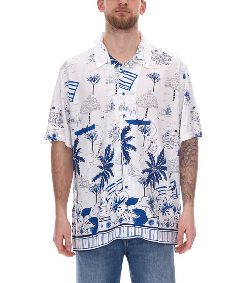 Men's Viscose Shirt Short Sleeve Shirt with Floral Print Summer Shirt Holiday Shirt 927967 White/Blue