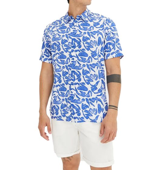 Herren Viskose-Hemd Kurzarm-Hemd mit Blumen-Print Sommer-Hemd Urlaubs-Shirt 945910 Weiß/Blau