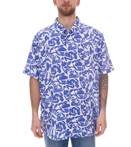 Herren Viskose-Hemd Kurzarm-Hemd mit Blumen-Print Sommer-Hemd Urlaubs-Shirt 945910 Weiß/Blau