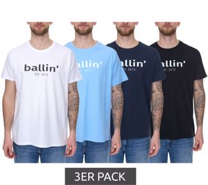 3er Pack Ballin Est. 2013 Herren nachhaltiges Baumwoll-Shirt mit Logo-Print auf der Front Kurzarm-Shirt SH-REG-H050 Weiß, Navy, Hellblau oder Schwarz