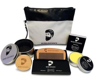 BEARD ELEGANCE Smooth-Style Herren Bart-Pflege-Set bestehend aus Kosmetiktasche, Holzkamm, Bartbalsam, Rundbürste in silberner Dose Geschenkset für Männer