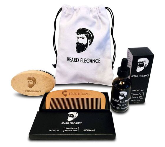 BEARD ELEGANCE Soft-Style Herren Bart-Pflege-Set bestehend aus ovale Bürste, Holz-Bartkamm, Bartöl, kleiner Stoffbeutel Geschenkset für Männer