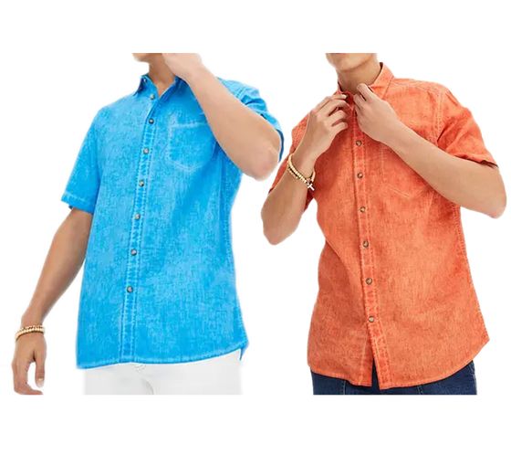 Herren Kurzarm-Hemd mit Leinenanteil Sommer-Hemd im Vintage Look Urlaubs-Shirt in Orange oder Blau