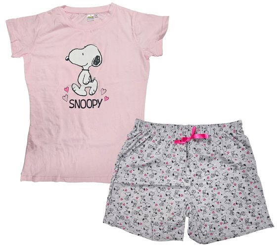 PEANUTS Snoopy Damen Shorty Baumwoll-Pyjama kurze Hose T-Shirt mit Snoopy-Print Rosa/Weiß