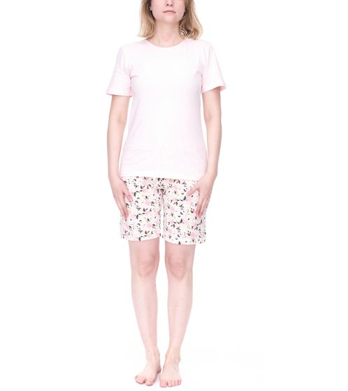 CINQUE Shorty Damen Baumwoll-Pyjama kurze Hose mit Blumen-Print Rundhals-Shirt Rosa/Weiß